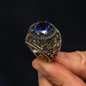 Yuvarlak Lacivert Taşlı 925 Erkek Gümüş Yüzük thumbnail 4