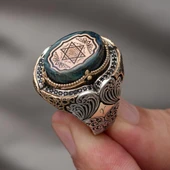 Mührü Süleyman İşeme Mavi Taşlı 925 Gümüş Erkek Yüzük thumbnail 7