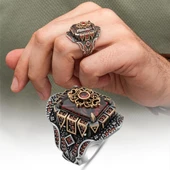 Kırmızı Taşlı Çiçek Motifli 925 Gümüş Yüzük Erkek thumbnail 1