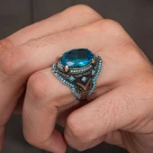 Oval Aqua Mavi Taşlı 925 Gümüş Yüzük Erkek thumbnail 5