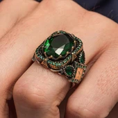 Yeşil Taşlı Harfli 925 Erkek Gümüş Yüzük thumbnail 3