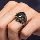 Oval Siyah Taşlı Yaprak Model 925 Erkek Gümüş Yüzük thumbnail 4