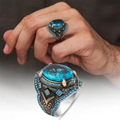 Oval Aqua Mavi Taşlı 925 Gümüş Yüzük Erkek thumbnail 1