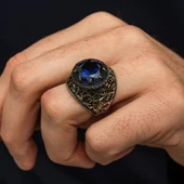 Yuvarlak Lacivert Taşlı 925 Erkek Gümüş Yüzük thumbnail 3