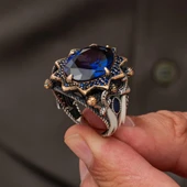 Kılıç Motif Lacivert Taşlı 925 Ayar Erkek Gümüş Yüzük thumbnail 3