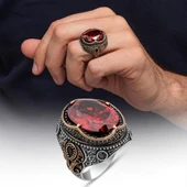 Oval Kırmızı Zirkon Taşlı 925 Erkek Gümüş Yüzük thumbnail 1