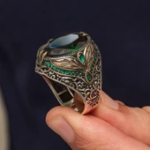 Oval Yeşil Taşlı Yaprak Model 925 Erkek Gümüş Yüzük thumbnail 5