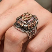 Kırmızı Taşlı Çiçek Motifli 925 Gümüş Yüzük Erkek thumbnail 5