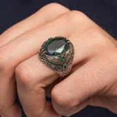 Oval Yeşil Taşlı Yaprak Model 925 Erkek Gümüş Yüzük thumbnail 6