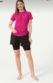 Tesmay 24156 Fuşya Kısa Kol Yarım Fermuarlı Hızlı Kuruyan Kumaş Şortlu Taytlı Yarı Kapalı Mayo thumbnail 4