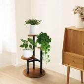 Çiçeklik 3 Raflı Saksılık Dekoratif 3 Raflı Çiçeklik Metal Doğal Ahşap Saksılık Çiçek Rafı Daire Model - 4