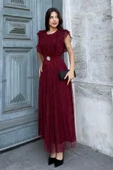 Straplez Yaka Omuz Fırfır Detaylı Kemerli Abiye Elbise 2282-Bordo thumbnail 5