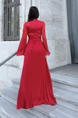 Göğüs Büzgü Detaylı Arkadan Bağlamalı Abiye Elbise 2287-Kırmızı thumbnail 6