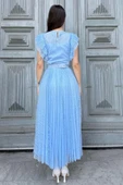 Straplez Yaka Omuz Fırfır Detaylı Kemerli Abiye Elbise 2282-Mavi thumbnail 6