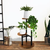 Çiçeklik 3 Raflı Saksılık Dekoratif 3 Raflı Çiçeklik Metal Doğal Ahşap Saksılık Çiçek Rafı Daire Model - 3