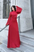 Göğüs Büzgü Detaylı Arkadan Bağlamalı Abiye Elbise 2287-Kırmızı thumbnail 1