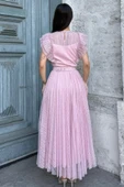 Straplez Yaka Omuz Fırfır Detaylı Kemerli Abiye Elbise 2282-Pudra thumbnail 6