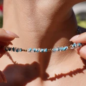 14 Ayar Altın Kaplama Mavi ve Beyaz Turkuaz Doğaltaş Gümüş Kolye - NGS00104 - 2