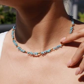 14 Ayar Altın Kaplama Mavi ve Beyaz Turkuaz Doğaltaş Gümüş Kolye - NGS00104 - 1