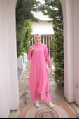 Düğmeli Yırtmaçlı Büzgü Kollu Uzun Tunik İkili Tesettür Eşofman Takımı - (38-46) - 71279 - Fuşya thumbnail 1