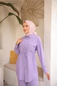 Belden Bağcıklı Tek Cepli Gömlek İkili Tesettür Eşofman Takımı - (38-46) - 71283 - Lila thumbnail 2