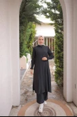 Düğmeli Yırtmaçlı Büzgü Kollu Uzun Tunik İkili Tesettür Eşofman Takımı - (38-46) - 71279 - Siyah thumbnail 1