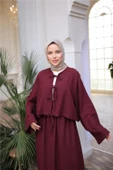 Bağcık Düğmeli Kıs aRahat Kesim Tunik - Cepli Etek Takımı - (38-46) - 71285 - Bordo thumbnail 5