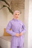 Belden Bağcıklı Tek Cepli Gömlek İkili Tesettür Eşofman Takımı - (38-46) - 71283 - Lila thumbnail 3