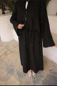 Bağcık Düğmeli Kıs aRahat Kesim Tunik - Cepli Etek Takımı - (38-46) - 71285 - Siyah thumbnail 7
