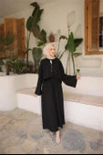 Bağcık Düğmeli Kıs aRahat Kesim Tunik - Cepli Etek Takımı - (38-46) - 71285 - Siyah thumbnail 3
