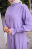 Düğmeli Yırtmaçlı Büzgü Kollu Uzun Tunik İkili Tesettür Eşofman Takımı - (38-46) - 71279 - Lila thumbnail 3