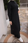 Düğmeli Yırtmaçlı Büzgü Kollu Uzun Tunik İkili Tesettür Eşofman Takımı - (38-46) - 71279 - Siyah thumbnail 7