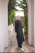 Düğmeli Yırtmaçlı Büzgü Kollu Uzun Tunik İkili Tesettür Eşofman Takımı - (38-46) - 71279 - Siyah thumbnail 3