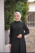 Düğmeli Yırtmaçlı Büzgü Kollu Uzun Tunik İkili Tesettür Eşofman Takımı - (38-46) - 71279 - Siyah thumbnail 5