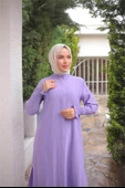 Düğmeli Yırtmaçlı Büzgü Kollu Uzun Tunik İkili Tesettür Eşofman Takımı - (38-46) - 71279 - Lila thumbnail 1