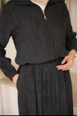 Fermuarlı Gömlek Yaka Kısa Rahat Kap - Cepli Etek Takımı - (38-46) - 71288 - Siyah thumbnail 6