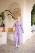 Belden Bağcıklı Tek Cepli Gömlek İkili Tesettür Eşofman Takımı - (38-46) - 71283 - Lila thumbnail 5