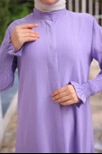 Düğmeli Yırtmaçlı Büzgü Kollu Uzun Tunik İkili Tesettür Eşofman Takımı - (38-46) - 71279 - Lila thumbnail 2