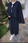 Bağcık Düğmeli Kıs aRahat Kesim Tunik - Cepli Etek Takımı - (38-46) - 71285 - Lacivert thumbnail 7