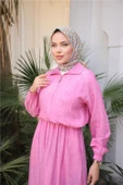Fermuarlı Gömlek Yaka Kısa Rahat Kap - Cepli Etek Takımı - (38-46) - 71288 - Fuşya thumbnail 4