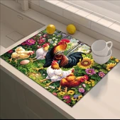 55 CM x 45 CM HOROZ VE TAVUK TASARIMI TEZGAH ÜSTÜ BULAŞIK KURUTMA MATI BULAŞIKLIK KURUTMA ÖRTÜSÜ - 3