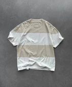 Unisex Bisiklet Yaka Parçalı T-Shirt - Bej thumbnail 1