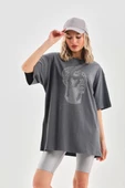Unisex Taş Desenli Oversize T-Shirt - Füme thumbnail 7