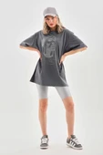 Unisex Taş Desenli Oversize T-Shirt - Füme thumbnail 5