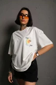 Unisex Bisiklet Yaka Baskılı Oversize T-Shirt - Beyaz thumbnail 1