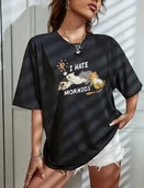 Kadın Bisiklet Yaka Baskılı Oversize T-Shirt - Siyah thumbnail 1