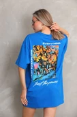 Unisex Bisiklet Yaka Baskılı Oversize T-Shirt - Mavi - 6