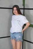 Unisex Bisiklet Yaka Baskılı Oversize T-Shirt- Beyaz thumbnail 1