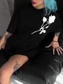 Unisex Bisiklet Yaka Baskılı Oversize T-Shirt - Siyah thumbnail 1