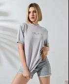 Unisex Bisiklet Yaka Baskılı Slim Fit T-Shirt - Boyalı Gri thumbnail 2